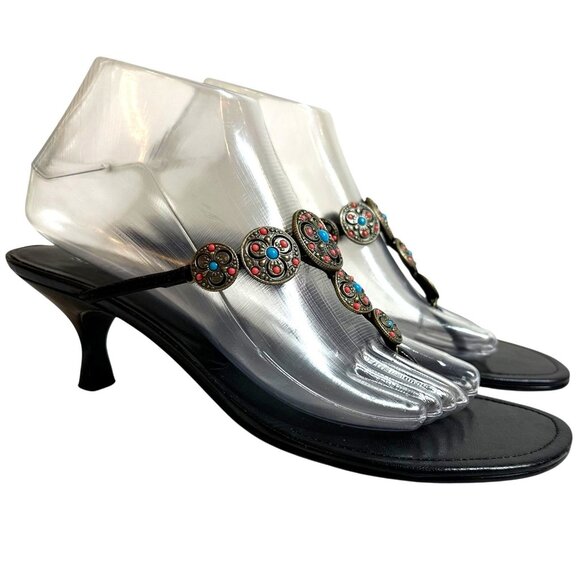 Franco Sarto Shoes - Franco Sarto Black Leather Concha Medallion Thong Kitten Heel Sandals Size 9.5 M